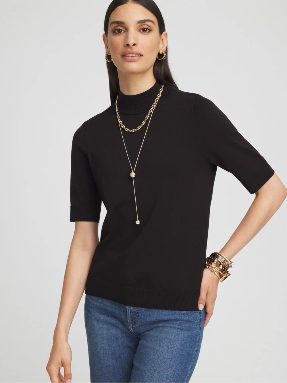 CHICO’S NWT 2 Ella Elbow Sleeve Mockneck Sweater in Black • Fall Winter Layering